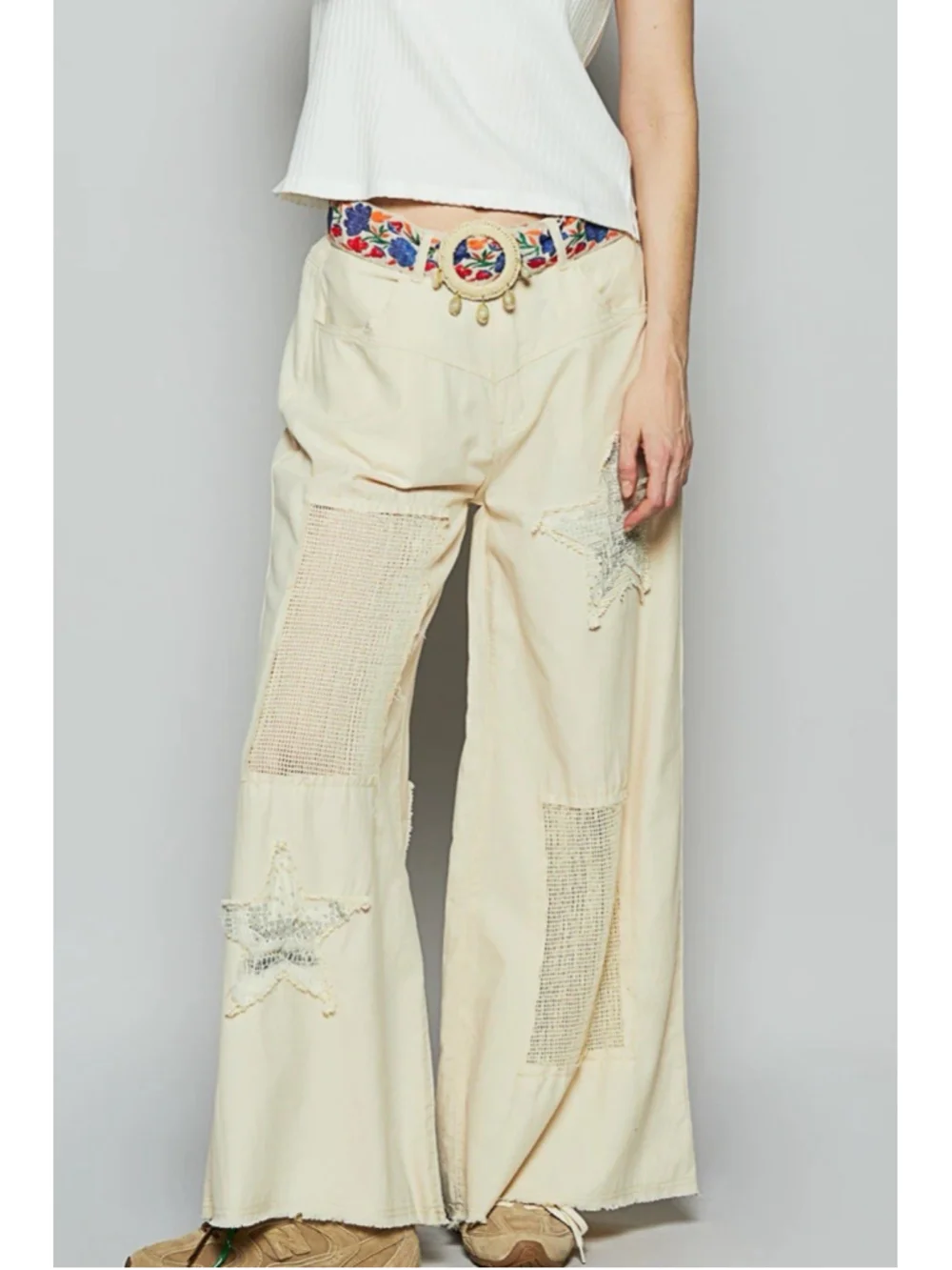 POL Womens Denim & Twill Embroidered Patchwork Wide Leg Pants MED Cream Lace EUC - Picture 1 of 9